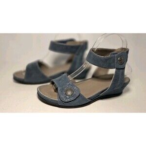 Anesha Naples Blue Suede Strappy Sandal W/ Metal Details Adj Straps Low Heel S 8